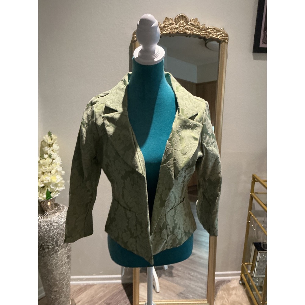 Vintage Sage Green Floral Brocade‎ Cropped Blazer Peplum Jacket Notched Lapel - Picture 5 of 7